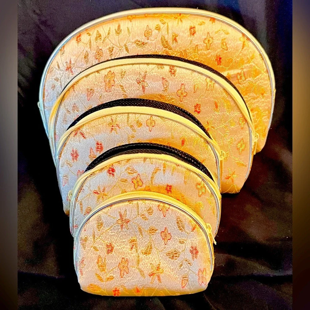 New VTG Silk Brocade Floral Cosmetic Bag Set 5 Nesting Makeup Travel Pouch Gold